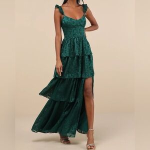 NWT Lulus Stunning Glory Hunter Green Floral Jacquard Tiered Maxi Dress